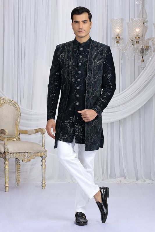 Dark Teal Green Velvet 3 piece Indo Western (NMK-8654) - Nihal Fashions