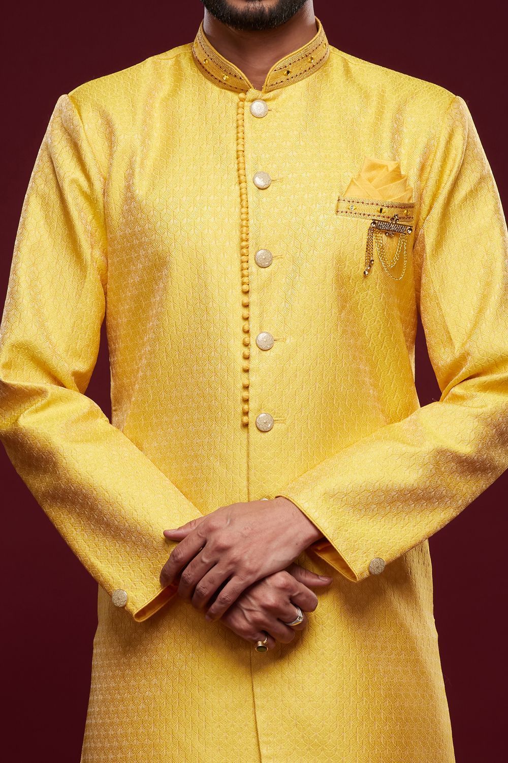 Dark Yellow Banarasi Jaquard Mens Indo Western (NMK-6985) - Nihal Fashions