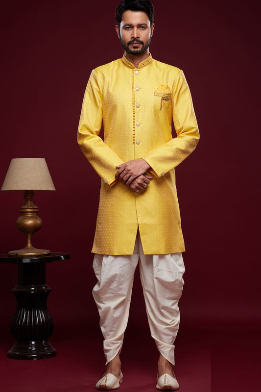 Dark Yellow Banarasi Jaquard Mens Indo Western (NMK-6985) - Nihal Fashions