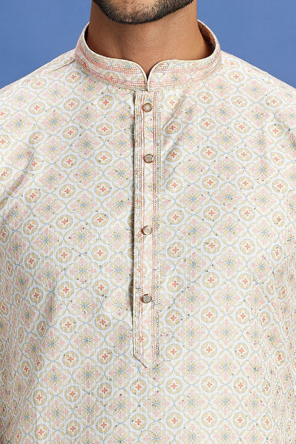 Digital Printed Beige Cotton Kurta Pajama (NMK-7527) - Nihal Fashions