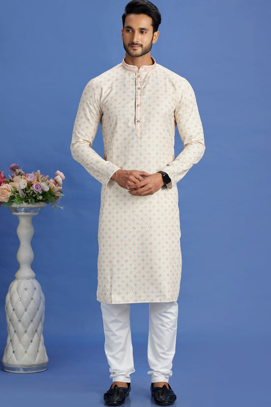 Digital Printed Beige Cotton Kurta Pajama (NMK-7527) - Nihal Fashions