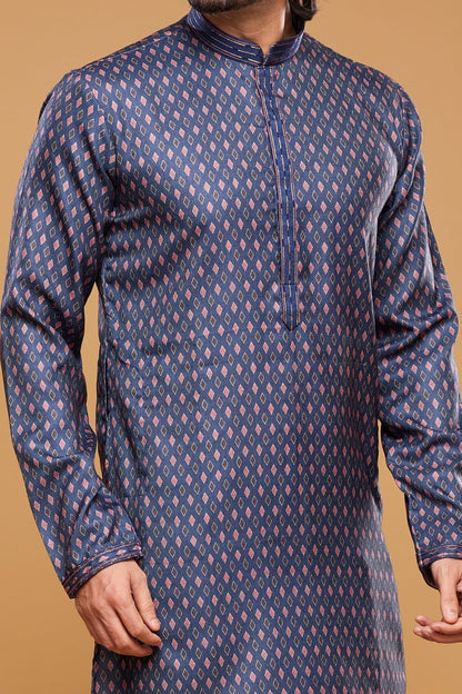 Digital Printed Blue Art Silk Kurta Pajama (NMK-7043) - Nihal Fashions