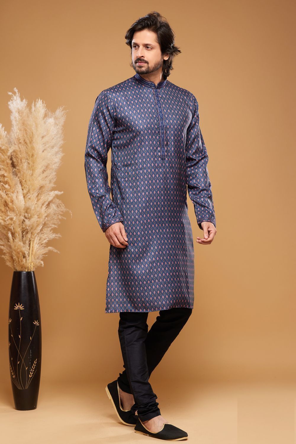 Digital Printed Blue Art Silk Kurta Pajama (NMK-7043) - Nihal Fashions