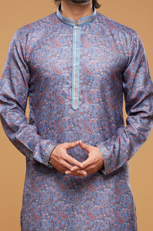 Digital Printed Blue Art Silk Kurta Pajama (NMK-7047) - Nihal Fashions