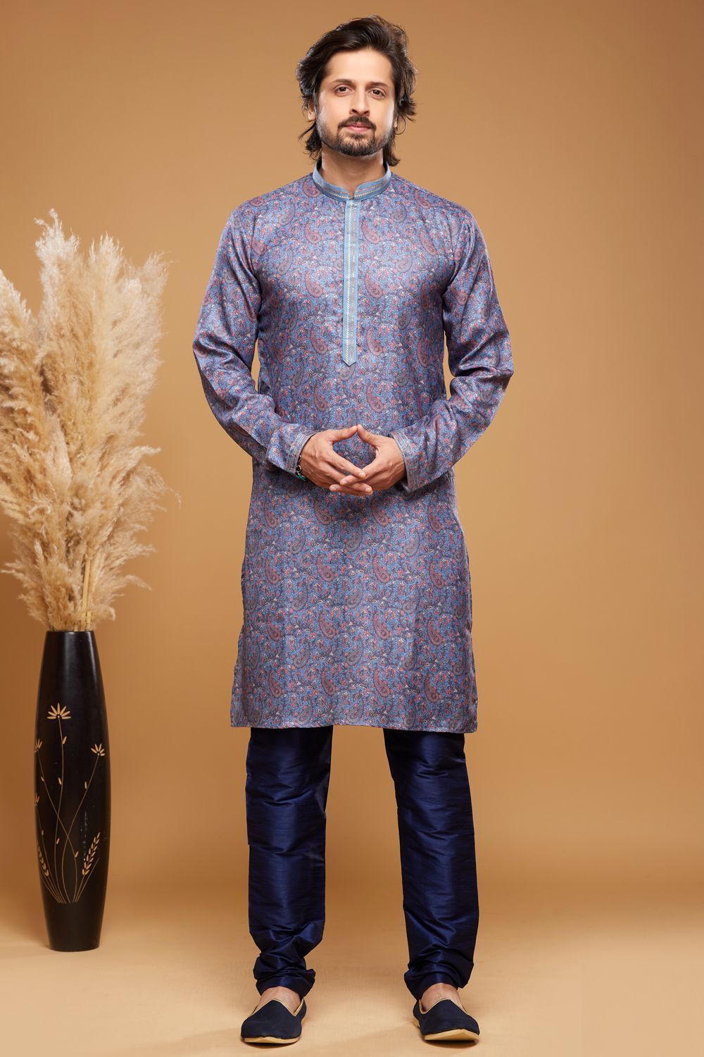 Digital Printed Blue Art Silk Kurta Pajama (NMK-7047) - Nihal Fashions