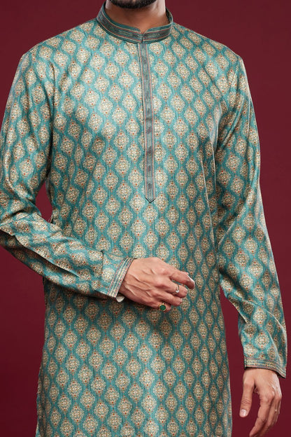 Digital Printed Blue Art Silk Kurta Pajama (NMK-7054) - Nihal Fashions