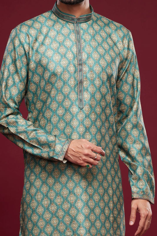 Digital Printed Blue Art Silk Kurta Pajama (NMK-7054) - Nihal Fashions