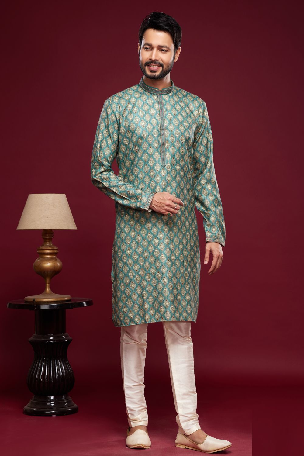 Digital Printed Blue Art Silk Kurta Pajama (NMK-7054) - Nihal Fashions