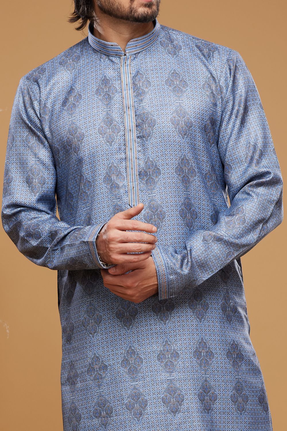 Digital Printed Blue Art Silk Kurta Pajama (NMK-7057) - Nihal Fashions