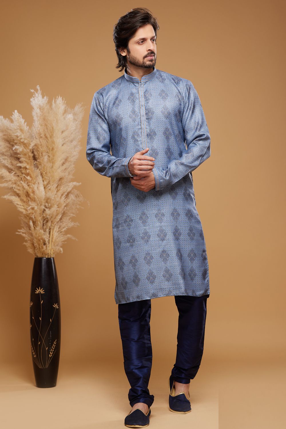 Digital Printed Blue Art Silk Kurta Pajama (NMK-7057) - Nihal Fashions