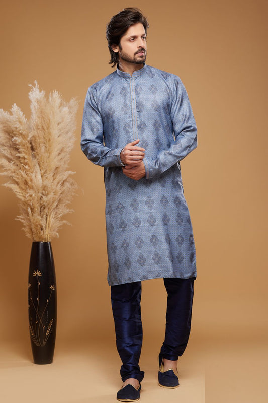 Digital Printed Blue Art Silk Kurta Pajama (NMK-7057) - Nihal Fashions