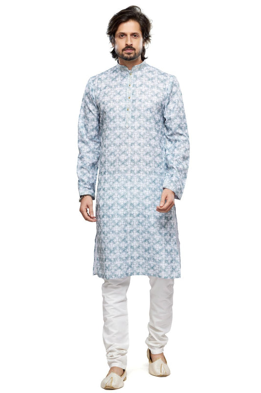Digital Printed Blue Cotton Kurta Pajama (NMK-7477) - Nihal Fashions