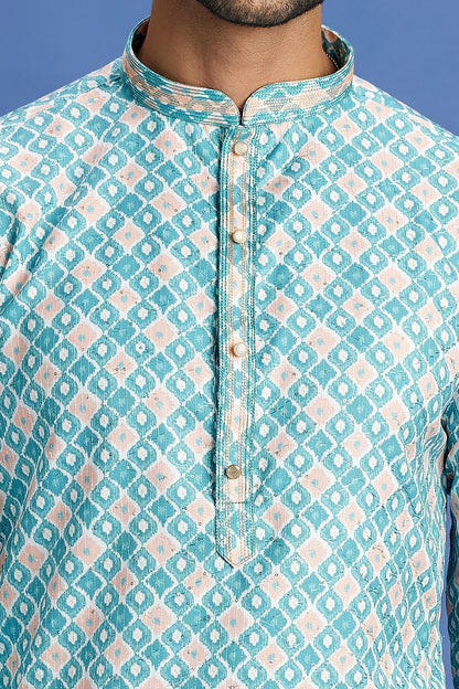 Digital Printed Blue Cotton Kurta Pajama (NMK-7532) - Nihal Fashions