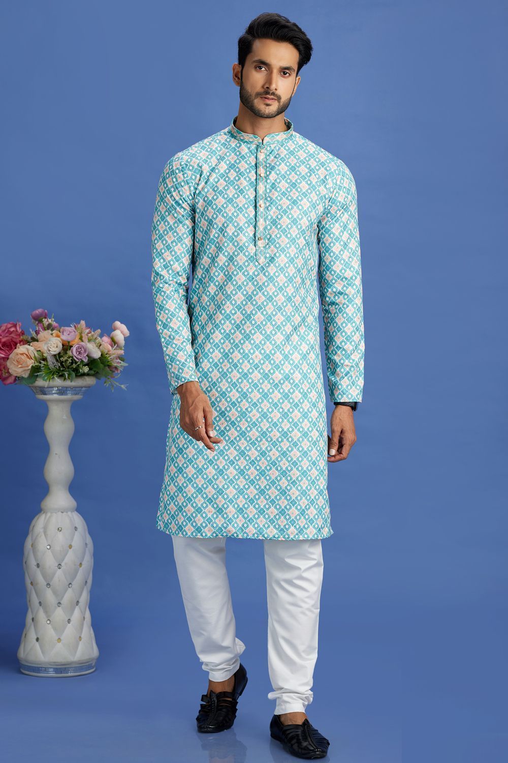 Digital Printed Blue Cotton Kurta Pajama (NMK-7532) - Nihal Fashions