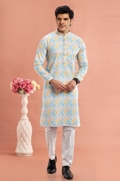 Digital Printed Blue Cotton Kurta Pajama (NMK-7545) - Nihal Fashions