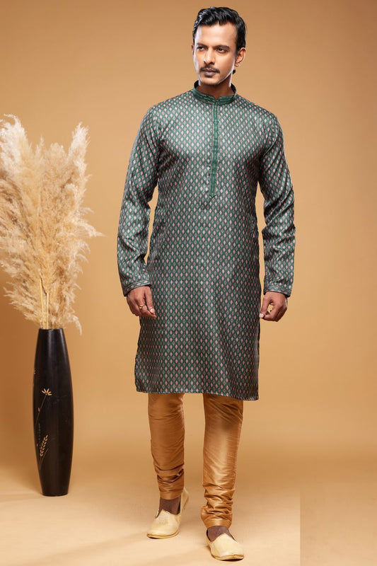 Digital Printed Dark Green Art Silk Kurta Pajama (NMK-7042) - Nihal Fashions