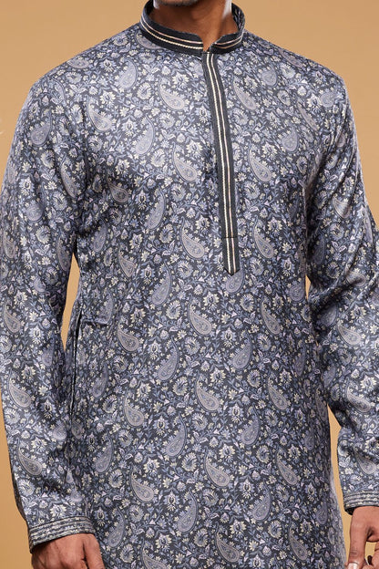 Digital Printed Dark Grey Art Silk Kurta Pajama (NMK-7046) - Nihal Fashions