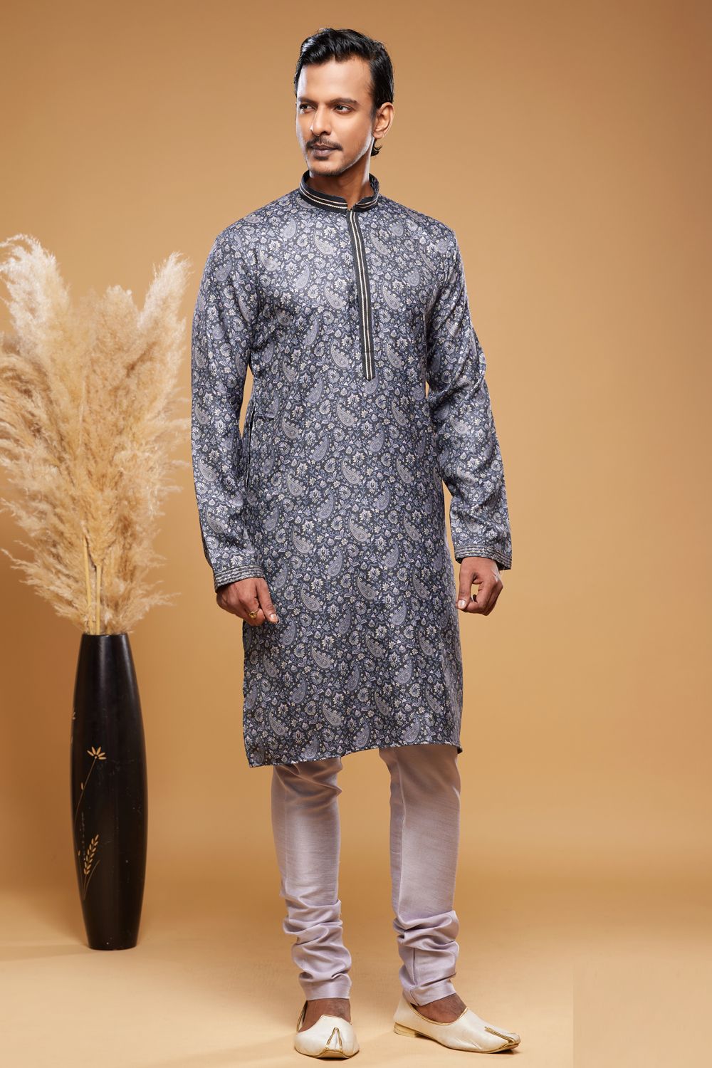 Digital Printed Dark Grey Art Silk Kurta Pajama (NMK-7046) - Nihal Fashions