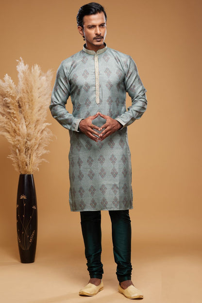 Digital Printed Green Art Silk Kurta Pajama (NMK-7058) - Nihal Fashions