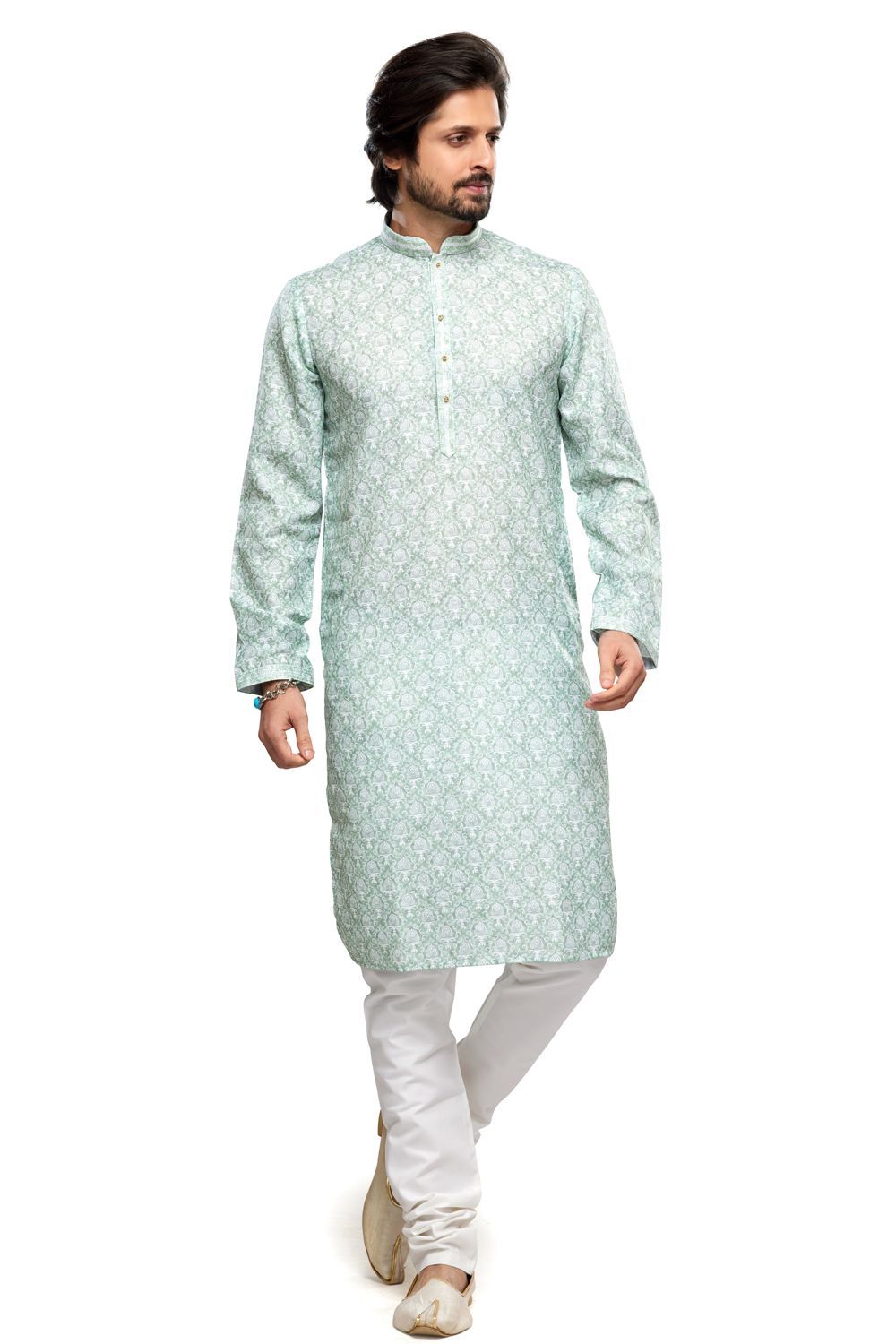 Digital Printed Green Cotton Kurta Pajama (NMK-7482) - Nihal Fashions