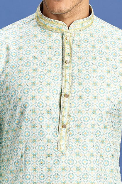 Digital Printed Green Cotton Kurta Pajama (NMK-7528) - Nihal Fashions