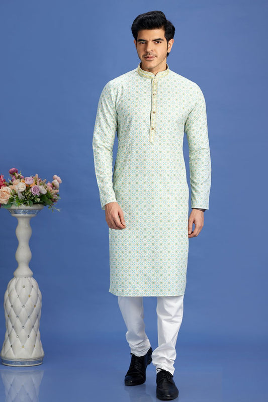 Digital Printed Green Cotton Kurta Pajama (NMK-7528) - Nihal Fashions