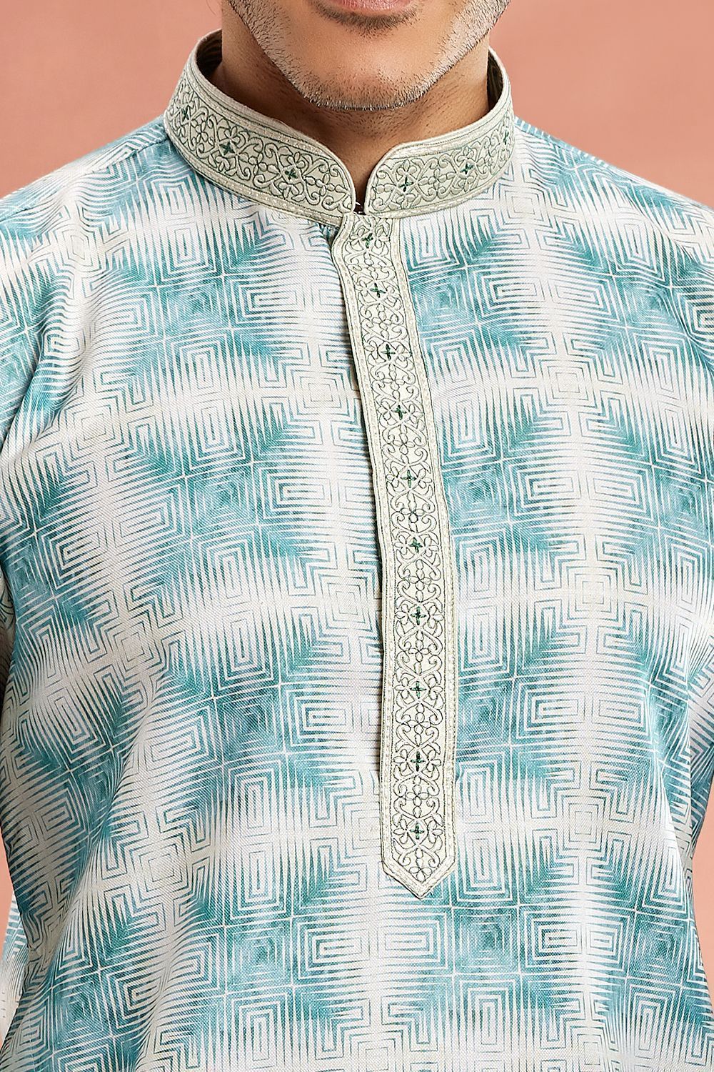 Digital Printed Green Cotton Kurta Pajama (NMK-7543) - Nihal Fashions