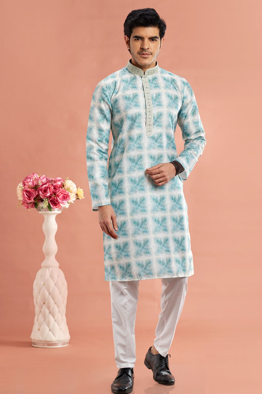Digital Printed Green Cotton Kurta Pajama (NMK-7543) - Nihal Fashions