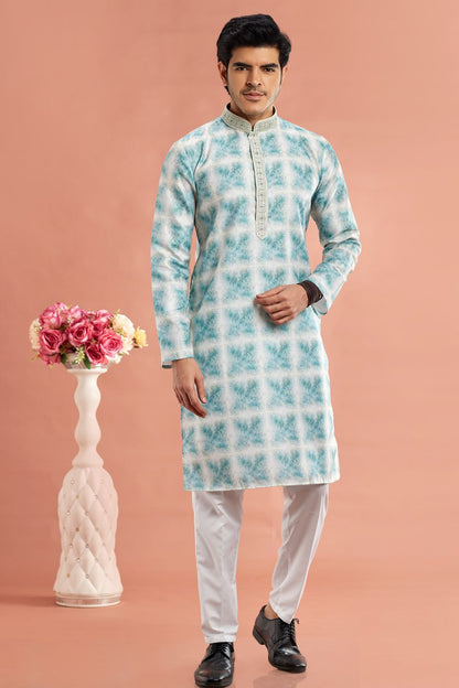 Digital Printed Green Cotton Kurta Pajama (NMK-7543) - Nihal Fashions