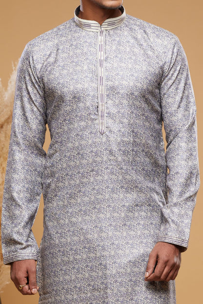 Digital Printed Grey Art Silk Kurta Pajama (NMK-7051) - Nihal Fashions