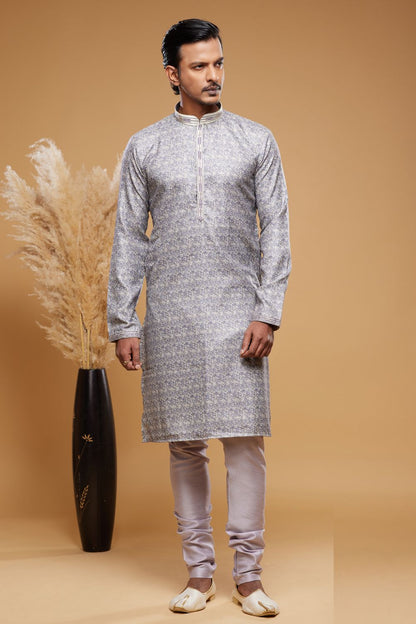 Digital Printed Grey Art Silk Kurta Pajama (NMK-7051) - Nihal Fashions