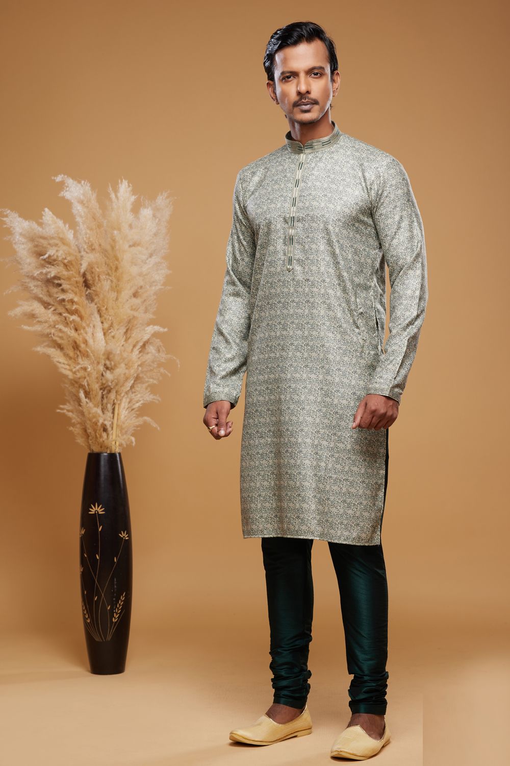 Digital Printed Grey Art Silk Kurta Pajama (NMK-7053) - Nihal Fashions