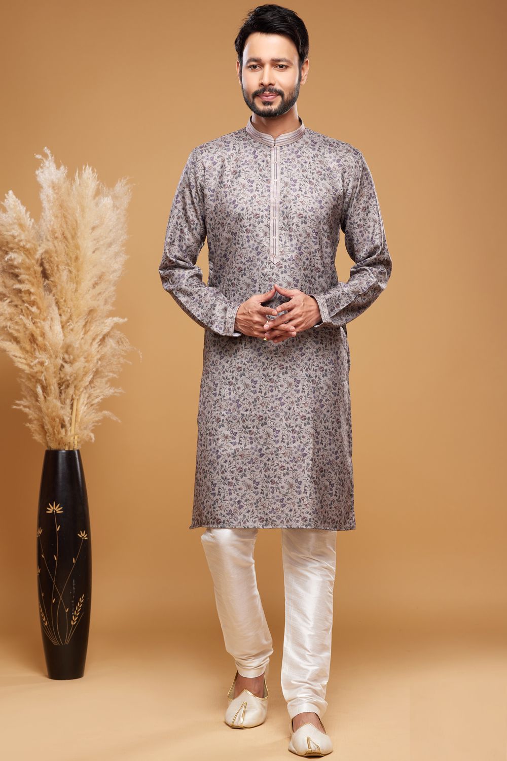 Digital Printed Grey Art Silk Kurta Pajama (NMK-7060) - Nihal Fashions