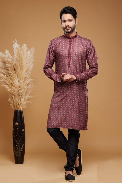 Digital Printed Maroon Art Silk Kurta Pajama (NMK-7044) - Nihal Fashions
