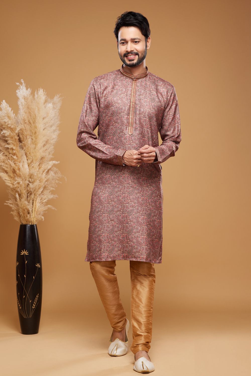 Digital Printed Maroon Art Silk Kurta Pajama (NMK-7045) - Nihal Fashions