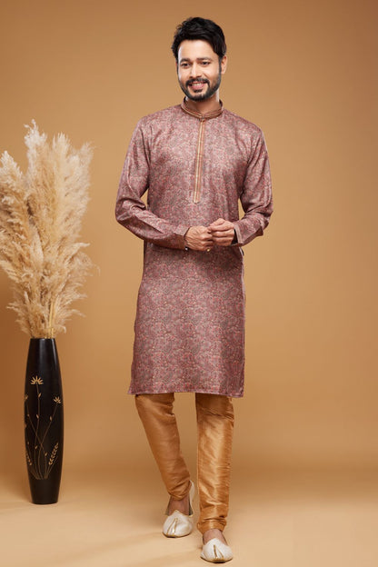 Digital Printed Maroon Art Silk Kurta Pajama (NMK-7045) - Nihal Fashions