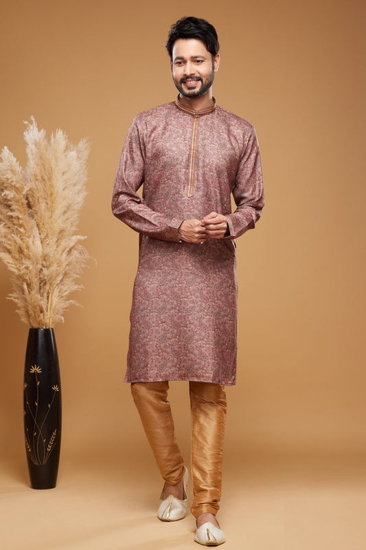 Digital Printed Maroon Art Silk Kurta Pajama (NMK-7045) - Nihal Fashions