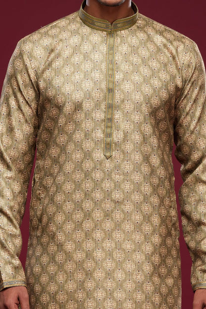Digital Printed Mehendi Green Art Silk Kurta Pajama (NMK-7056) - Nihal Fashions