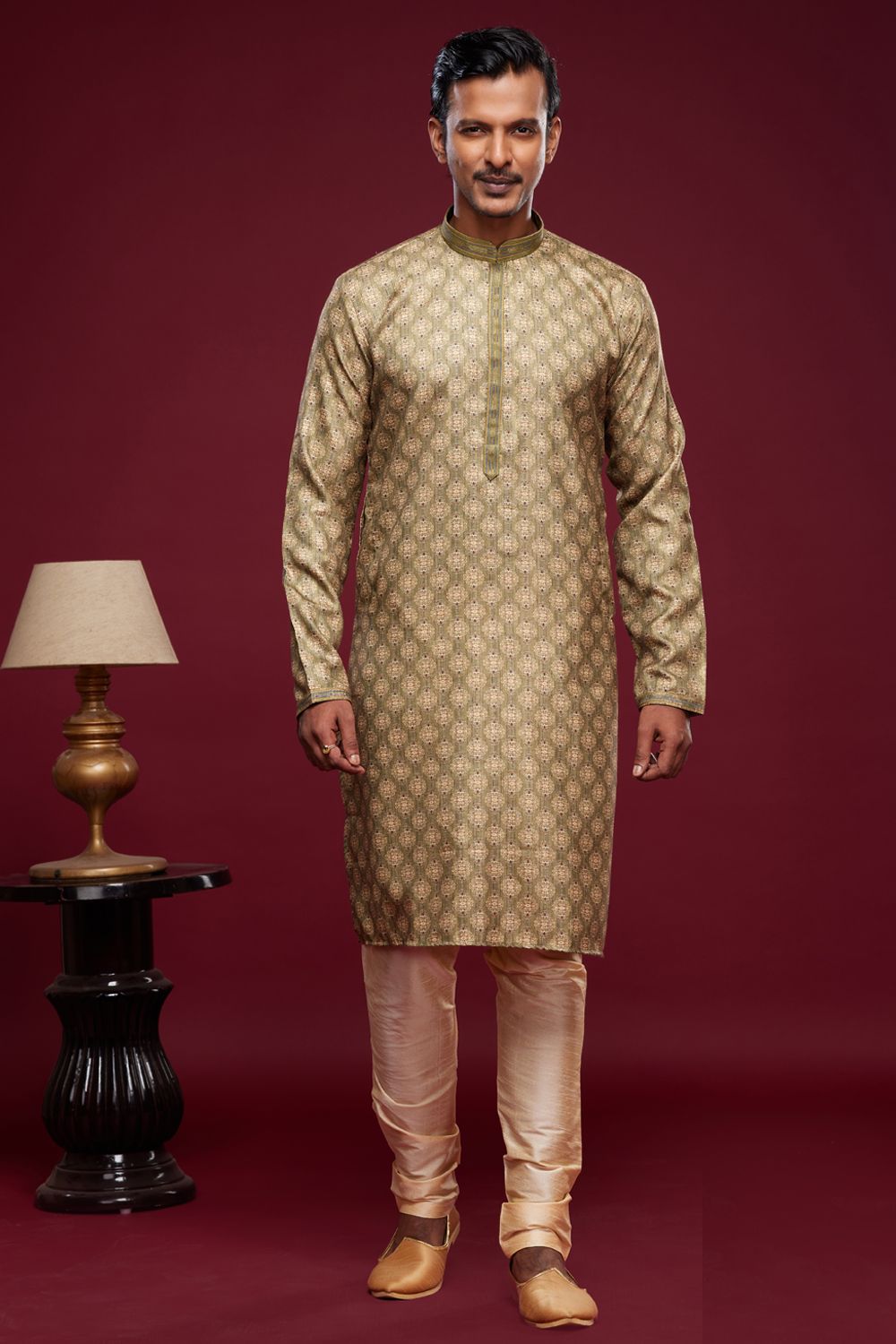 Digital Printed Mehendi Green Art Silk Kurta Pajama (NMK-7056) - Nihal Fashions