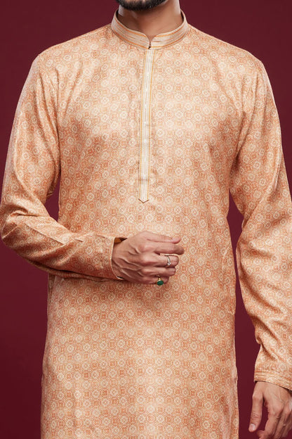 Digital Printed Peach Art Silk Kurta Pajama (NMK-7039) - Nihal Fashions