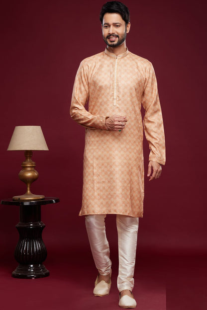 Digital Printed Peach Art Silk Kurta Pajama (NMK-7039) - Nihal Fashions