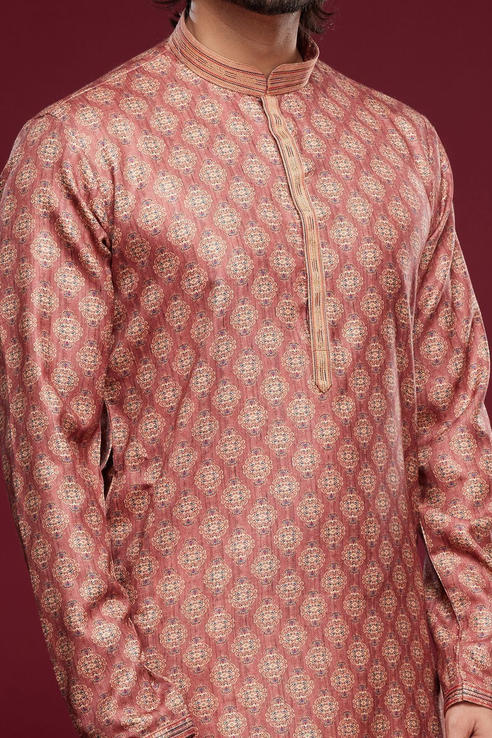 Digital Printed Peach Art Silk Kurta Pajama (NMK-7055) - Nihal Fashions