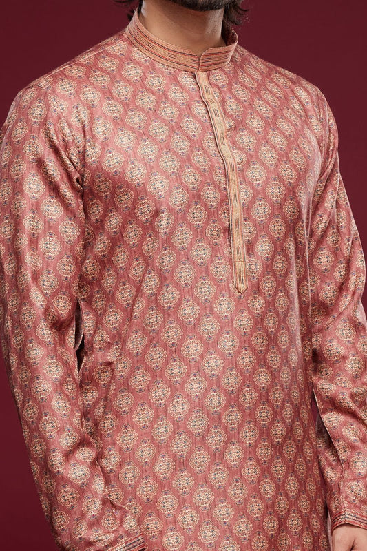 Digital Printed Peach Art Silk Kurta Pajama (NMK-7055) - Nihal Fashions