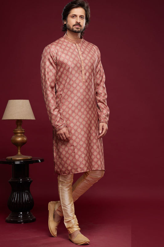 Digital Printed Peach Art Silk Kurta Pajama (NMK-7055) - Nihal Fashions
