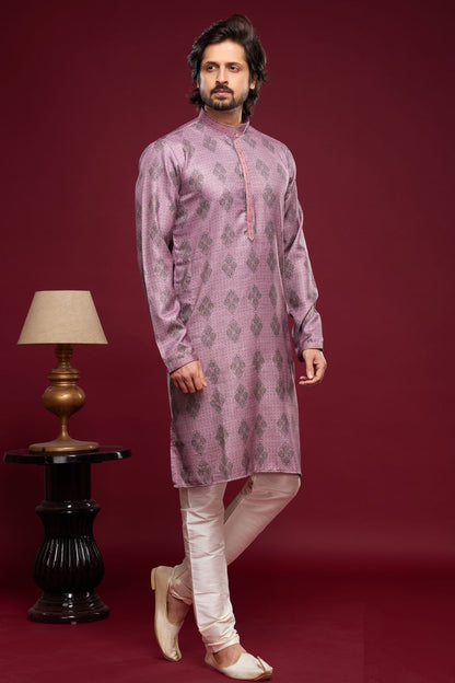 Digital Printed Purple Art Silk Kurta Pajama (NMK-7059) - Nihal Fashions