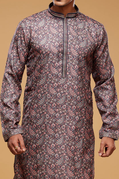 Digital Printed Purple Grey Art Silk Kurta Pajama (NMK-7048) - Nihal Fashions