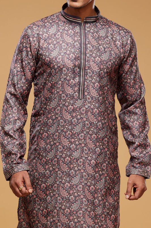 Digital Printed Purple Grey Art Silk Kurta Pajama (NMK-7048) - Nihal Fashions