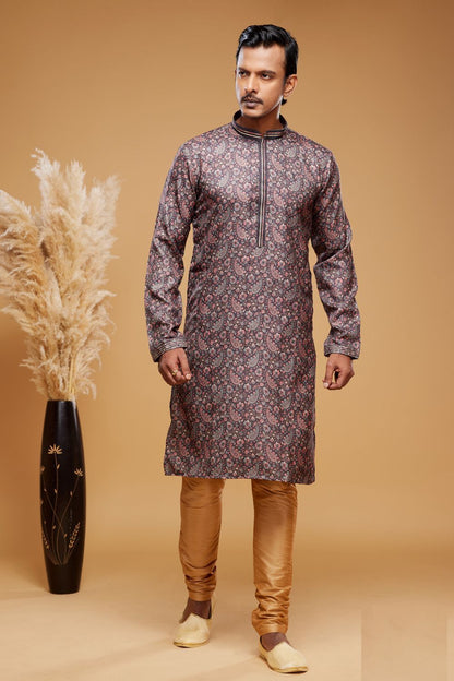 Digital Printed Purple Grey Art Silk Kurta Pajama (NMK-7048) - Nihal Fashions