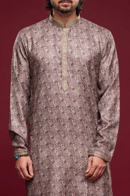 Digital Printed Purple Grey Art Silk Kurta Pajama (NMK-7050) - Nihal Fashions
