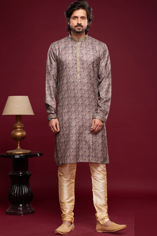 Digital Printed Purple Grey Art Silk Kurta Pajama (NMK-7050) - Nihal Fashions